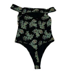 Floral Off-Shoulder Black Bodysuit With Snap Closure Womens Size L